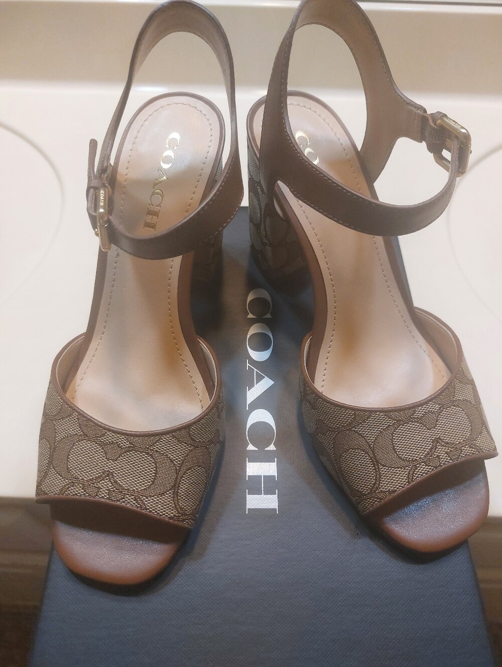 Coach Brown Signature Canvas Open-Toe Slingback Heels